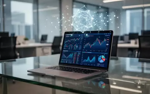 Moderner Büroarbeitsplatz mit Laptop, der Finanzdatenvisualisierungen und abstrakte digitale Netzwerkknoten zeigt. - Foto: über boerse-global.de