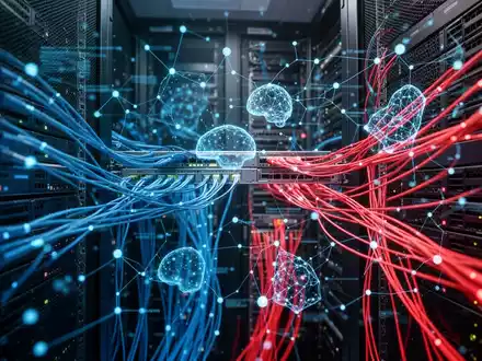 Ein dunkler Serverraum mit leuchtenden Datenkabeln und einer digitalen Visualisierung von KI-Netzwerken. - Foto: über boerse-global.de