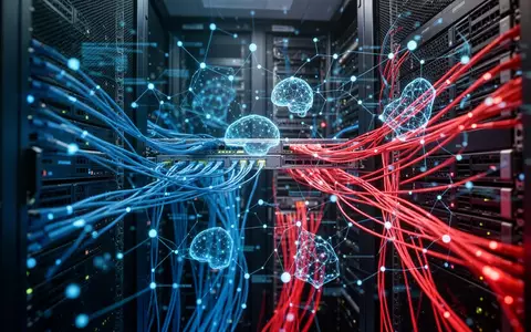 Ein dunkler Serverraum mit leuchtenden Datenkabeln und einer digitalen Visualisierung von KI-Netzwerken. - Foto: über boerse-global.de