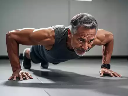 Eine Person mittleren Alters führt in einem Fitnessstudio kontrollierte Liegestütze aus. - Foto: über boerse-global.de