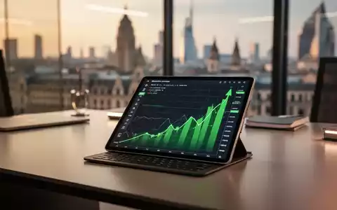 Ein modernes Büro mit einem Tablet, das steigende Finanzdiagramme vor einem verschwommenen Stadtbild zeigt. - Foto: über boerse-global.de