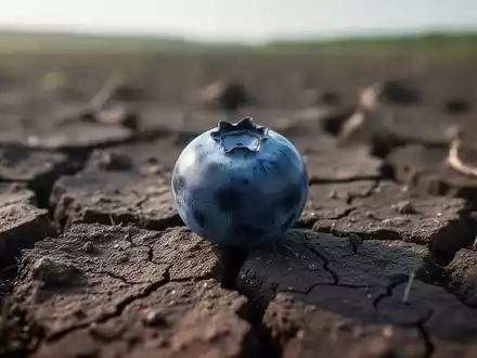 Eine einzelne reife Blaubeere auf ausgetrocknetem, rissigem Boden als Symbol für ökologische Belastung durch Konsum. - Foto: über boerse-global.de