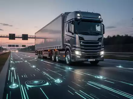 Ein schwerer Lkw fährt auf einer Autobahn über eine in den Asphalt integrierte digitale Gewichtskontrollanlage. - Foto: über boerse-global.de