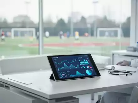 Ein modernes Arztbüro mit Gesundheitsstatistiken auf einem Tablet und einem unscharfen Sportplatz im Hintergrund. - Foto: über boerse-global.de