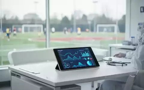 Ein modernes Arztbüro mit Gesundheitsstatistiken auf einem Tablet und einem unscharfen Sportplatz im Hintergrund. - Foto: über boerse-global.de