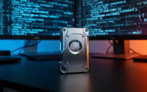 Krypto-Hardware-Wallet auf dunklem Schreibtisch mit verschwommenem digitalem Code im Hintergrund, Symbol für Cybersicherheit. - Foto: über boerse-global.de