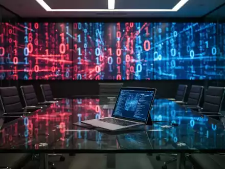 Modernes Konferenzzimmer mit digitalen Datenströmen auf Bildschirmen als Symbol für strategisches Krisenmanagement. - Foto: über boerse-global.de