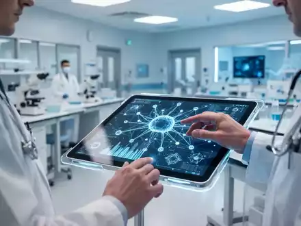 Medizinische Fachkraft arbeitet in einem modernen KI-Reallabor mit digitalen Datenvisualisierungen an einem Tablet. - Foto: über boerse-global.de