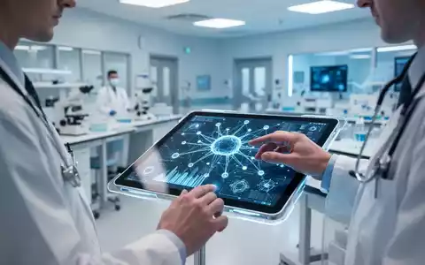 Medizinische Fachkraft arbeitet in einem modernen KI-Reallabor mit digitalen Datenvisualisierungen an einem Tablet. - Foto: über boerse-global.de