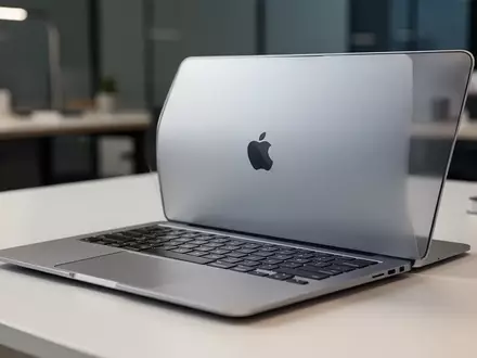 Ein silbernes MacBook Air auf einem modernen, minimalistischen Schreibtisch in einem hellen Büro. - Foto: über boerse-global.de