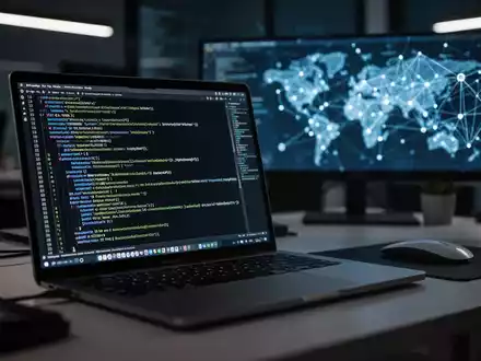 Ein moderner Arbeitsplatz mit einem Laptop, auf dem Programmcode und digitale Netzwerke zu sehen sind. - Foto: über boerse-global.de
