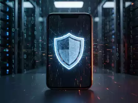 Ein modernes Smartphone zeigt ein digitales Schutzschild-Symbol vor einem Hintergrund aus verschwommenem Binärcode. - Foto: über boerse-global.de