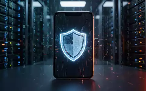 Ein modernes Smartphone zeigt ein digitales Schutzschild-Symbol vor einem Hintergrund aus verschwommenem Binärcode. - Foto: über boerse-global.de