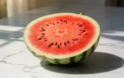 Eine aufgeschnittene Wassermelone auf einer hellen Marmoroberfläche bei hellem Tageslicht. - Foto: über boerse-global.de