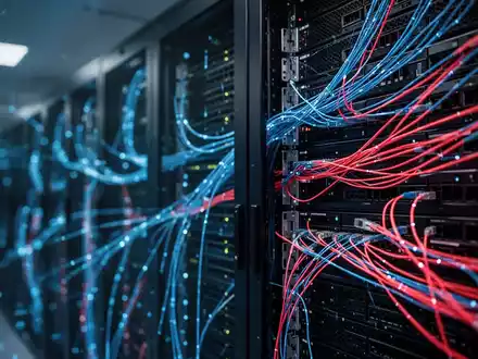 Abstrakte Darstellung eines modernen Serverraums mit leuchtenden Datenkabeln und digitaler Sicherheitstechnologie. - Foto: über boerse-global.de