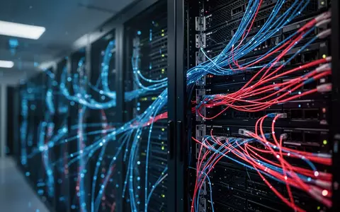 Abstrakte Darstellung eines modernen Serverraums mit leuchtenden Datenkabeln und digitaler Sicherheitstechnologie. - Foto: über boerse-global.de