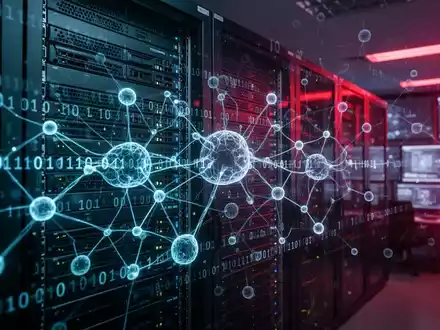Digitale Repräsentation von KI-gestützten Cyberangriffen mit leuchtenden Netzwerkknoten und binärem Code auf Servern. - Foto: über boerse-global.de