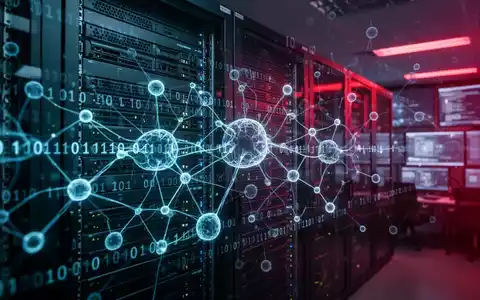 Digitale Repräsentation von KI-gestützten Cyberangriffen mit leuchtenden Netzwerkknoten und binärem Code auf Servern. - Foto: über boerse-global.de