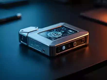 Eine Hardware-Wallet für Kryptowährungen auf einem dunklen Schreibtisch, die die Themen Cybersicherheit und digitale Infrastruktur symbolisiert. - Foto: über boerse-global.de