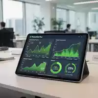 Digitales Tablet mit Nachhaltigkeitsdaten und CO2-Emissionsgrafiken in einem modernen, hellen Büro. - Foto: über boerse-global.de