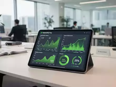 Digitales Tablet mit Nachhaltigkeitsdaten und CO2-Emissionsgrafiken in einem modernen, hellen Büro. - Foto: über boerse-global.de