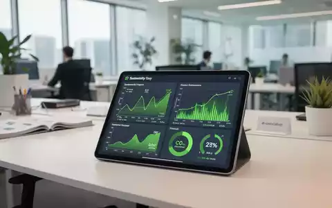 Digitales Tablet mit Nachhaltigkeitsdaten und CO2-Emissionsgrafiken in einem modernen, hellen Büro. - Foto: über boerse-global.de