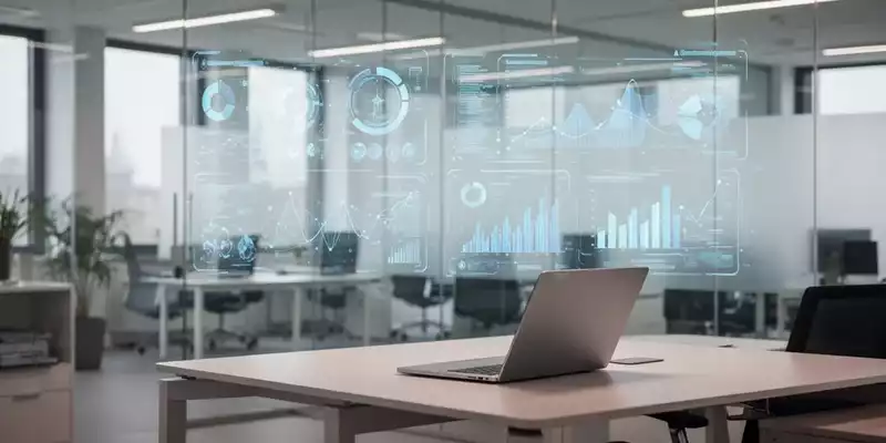 Modernes Büro in einer Behörde mit digitaler Datenvisualisierung im Hintergrund als Symbol für KI-gestützte Verwaltung. - Foto: über boerse-global.de