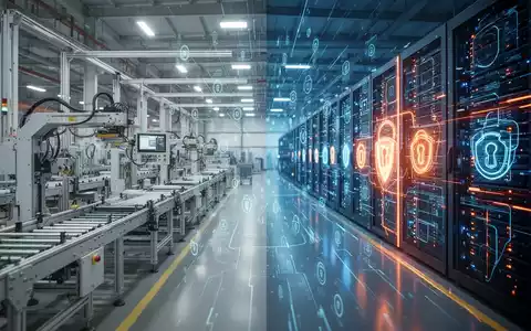 Moderne Fabrikhalle mit digitaler Datenvisualisierung, die die Verbindung von IT und industrieller Betriebstechnik darstellt. - Foto: über boerse-global.de