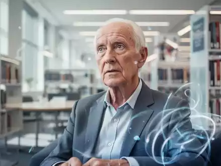Ein wacher, älterer Mensch in einer modernen Bibliothek als Symbol für kognitive Vitalität und geistige Fitness im Alter. - Foto: über boerse-global.de