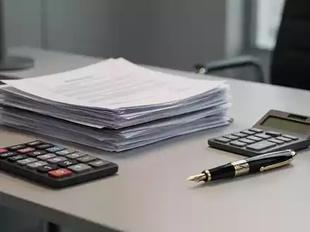 Schreibtisch mit Dokumenten, Taschenrechner und Stift als Symbol für Lohnabrechnung und Personalwesen. - Foto: über boerse-global.de