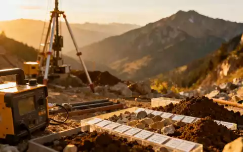Geologische Bohrausrüstung in einer unberührten Berglandschaft bei Sonnenuntergang als Symbol für Rohstoffexploration - Foto: über boerse-global.de