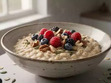 Eine Schüssel mit Haferflocken, garniert mit frischen Beeren und Nüssen, in natürlichem Morgenlicht. - Foto: über boerse-global.de