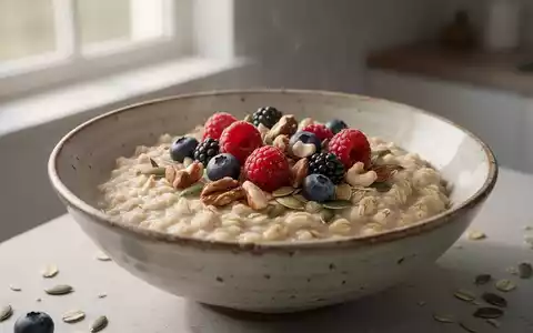 Eine Schüssel mit Haferflocken, garniert mit frischen Beeren und Nüssen, in natürlichem Morgenlicht. - Foto: über boerse-global.de
