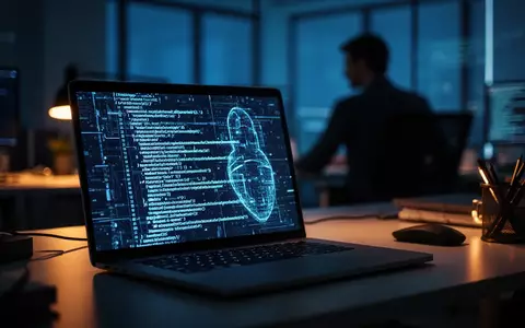 Ein beleuchteter Laptop in einem dunklen Büro mit abstraktem Digitalcode auf dem Bildschirm als Symbol für Cyberkriminalität. - Foto: über boerse-global.de