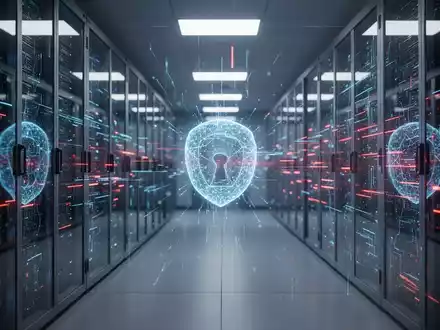 Abstrakte Darstellung einer digitalen Sicherheitsumgebung mit leuchtenden Datenströmen und Server-Infrastruktur. - Foto: über boerse-global.de