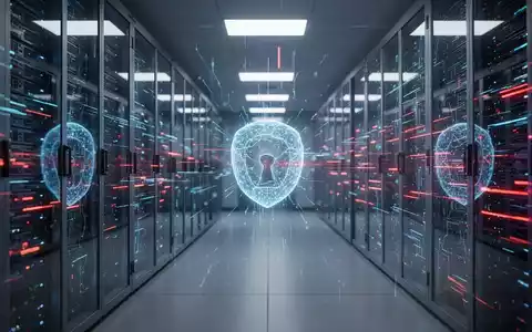 Abstrakte Darstellung einer digitalen Sicherheitsumgebung mit leuchtenden Datenströmen und Server-Infrastruktur. - Foto: über boerse-global.de