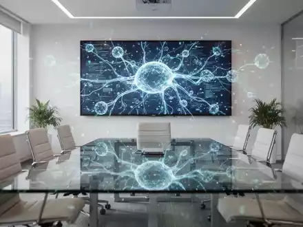 Moderne Büroetage mit digitaler KI-Visualisierung auf einem Bildschirm im Hintergrund. - Foto: über boerse-global.de