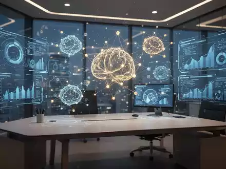 Moderner Finanz-Arbeitsplatz mit holografischen Datenvisualisierungen und KI-Schnittstellen in einem Büro. - Foto: über boerse-global.de
