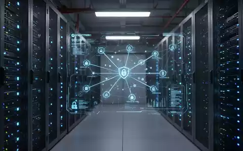 Ein moderner Serverraum mit blauen Statusleuchten und einer digitalen Benutzeroberfläche zur Cybersicherheit. - Foto: über boerse-global.de