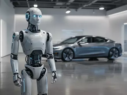 Ein moderner humanoider Roboter steht in einem Autohaus neben einem Elektrofahrzeug. - Foto: über boerse-global.de