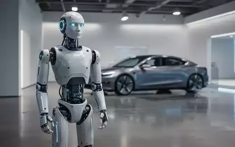 Ein moderner humanoider Roboter steht in einem Autohaus neben einem Elektrofahrzeug. - Foto: über boerse-global.de