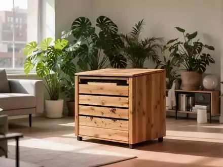 Eine stilvolle Wurmkiste aus Holz in einer modernen, hellen Wohnung mit Zimmerpflanzen im Hintergrund. - Foto: über boerse-global.de