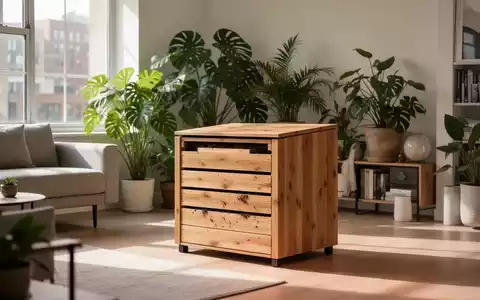 Eine stilvolle Wurmkiste aus Holz in einer modernen, hellen Wohnung mit Zimmerpflanzen im Hintergrund. - Foto: über boerse-global.de
