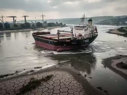 Ein Frachtschiff auf dem extrem niedrigen Rhein bei einer Hitzewelle, das die logistischen Probleme durch Klimawandel zeigt. - Foto: über boerse-global.de