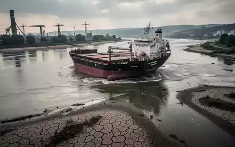Ein Frachtschiff auf dem extrem niedrigen Rhein bei einer Hitzewelle, das die logistischen Probleme durch Klimawandel zeigt. - Foto: über boerse-global.de