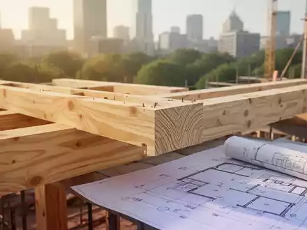 Moderne Baustelle eines nachhaltigen Holzgebäudes mit Fokus auf Holzträger im Sonnenlicht. - Foto: über boerse-global.de
