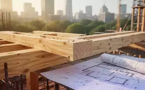 Moderne Baustelle eines nachhaltigen Holzgebäudes mit Fokus auf Holzträger im Sonnenlicht. - Foto: über boerse-global.de