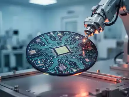 Hochtechnologie-Halbleiterwafer, gehalten von einem Roboterarm in einem Reinraum, repräsentiert die europäische Automobilchip-Industrie. - Foto: über boerse-global.de
