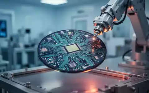 Hochtechnologie-Halbleiterwafer, gehalten von einem Roboterarm in einem Reinraum, repräsentiert die europäische Automobilchip-Industrie. - Foto: über boerse-global.de
