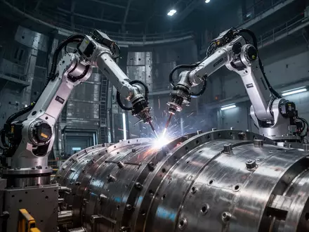 Ein hochmoderner Schweißroboter arbeitet an einem massiven metallischen Bauteil innerhalb der ITER-Fusionsreaktoranlage. - Foto: über boerse-global.de